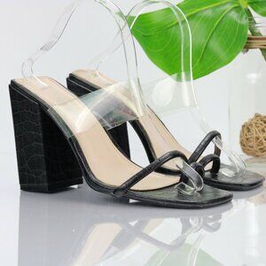 Nasty Gal Womens Sandal Size 6 Black Clear Strappy Mule Square Toe Block Heel